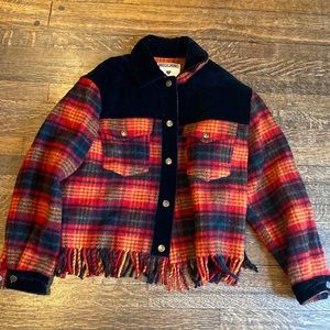 Vintage Archival Moschino wool tartan jacket velvet detail/ fringe size 40/ 6